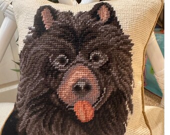 Cojín vintage de punto de aguja con forma de perro / Cojín de lana de Pomerania negro, decoración rústica