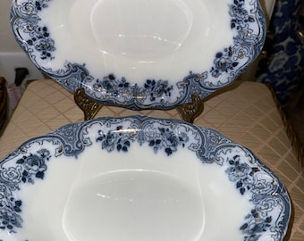 Antique W.H. Grindley Merion Flow Blue Oval Serving Bowls Set of 2
