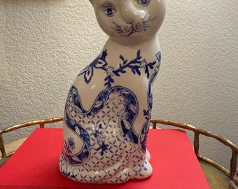 Blue & White Ceramic Sitting Cat Figurine – Chinoiserie Style