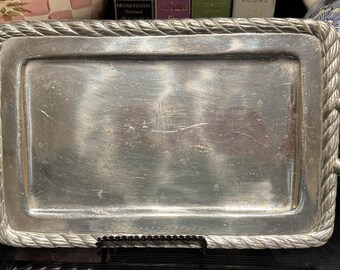 Bandeja de servir vintage plateada con asas de borde de cuerda, rectangular, para decoración de bar.