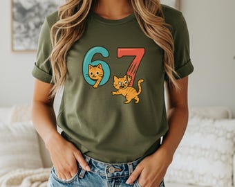 Funny 67 meme Cat Shirt, Cute Number Cats Tee, Playful Cartoon Cat Illustration T-Shirt, Humor Cat Lover Gift, Funny 6 7 Shirt