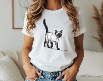 Siamese Cat Sketch Shirt, Hand-Drawn Siamese Tee, Realistic Cat Art T-Shirt, Elegant Pet Lover Gift, Siamese Cat Line Art Apparel