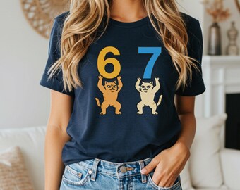 Funny 67 Meme Cat Shirt, Cats Holding Numbers Tee, Cute Cartoon Cat, Playful Feline T-Shirt, Humor Cat Lover Gift Design, Funny 6 7 Shirt