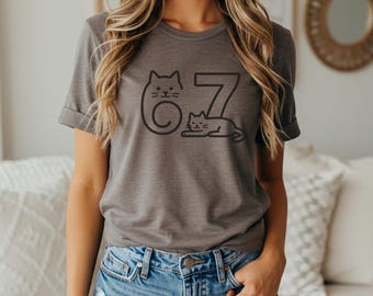 67 Cat Shirt, Funny 67 T-shirt, Simple Line Art Cats Number Tee, Cute Outline Cat Design, Clean Modern Kitty Graphic T-Shirt, Cat Lover Gift