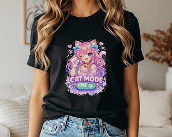 Camiseta con estampado de gato de anime kawaii • Linda camiseta de arte pop de chica neko, diseño otaku japonés colorido, regalo para amantes del anime, camiseta de ídolo japonés