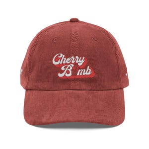 Vintage Cherry Bomb Corduroy Cap, Retro Baseball Hat, Casual Outfit Accessory, Gift for Her, Summer Fashion Must-Have