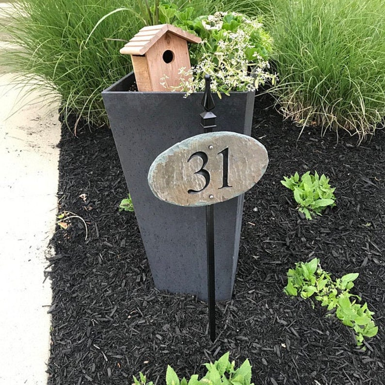 STONE House Numbers Slate Address Plaque / LAWN STAKE / Carved / Marker / Sign GB : Grey / Black
