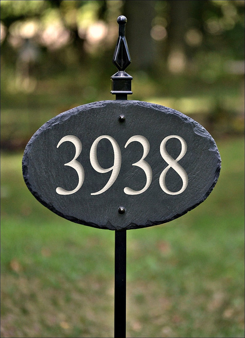 STONE House Numbers Slate Address Plaque / LAWN STAKE / Carved / Marker / Sign BW : Black / White