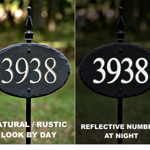 STONE House Numbers Slate Address Plaque / LAWN STAKE / Carved / Marker / Sign BLACK /REFLECTIVE WH