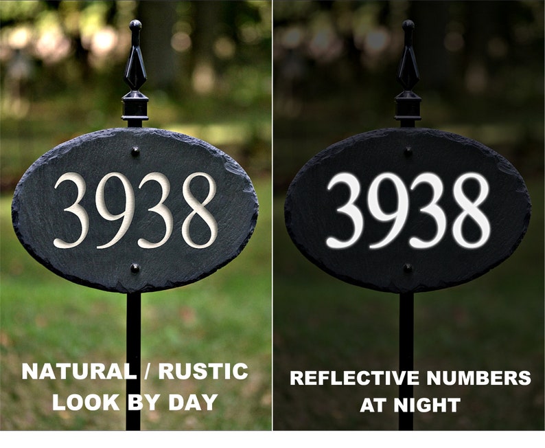 STONE House Numbers Slate Address Plaque / LAWN STAKE / Carved / Marker / Sign BLACK /REFLECTIVE WH