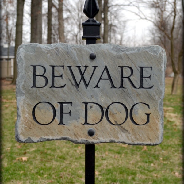 Beware of Dog Sign / CARVED SLATE w/ Lawn Stake / Reclaimed / Plaque #E-dog