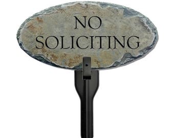 STONE NO SOLICITING Plaque w/ Stake ( No Trespassing ) Solicitors / Flowerbed Post sign / Tasteful