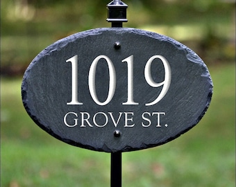 SLATE ADDRESS MARKER Sign ( Carved Numbers ) with Lawn / Yard Stake Plaque arrow