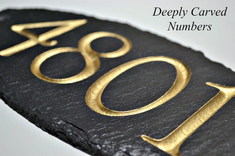 STONE House Numbers Slate Address Plaque / LAWN STAKE / Carved / Marker / Sign BG : Black / Gold