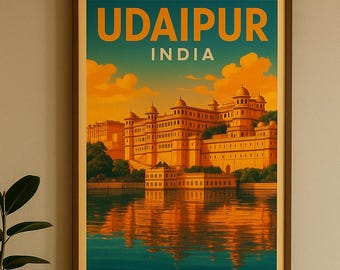 Vintage Udaipur India Travel Poster: City Palace, Lake Pichola