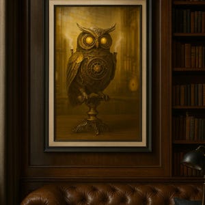 Puede incluir: Una obra de arte enmarcada que presenta un búho steampunk con intrincados detalles mecánicos, sobre un fondo sepia. El búho está posado sobre un soporte decorativo, con un telón de fondo de una ciudad borrosa. La obra se exhibe en una habitación con un sofá de cuero y una estantería.