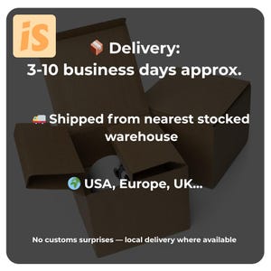 May include: A brown cardboard box with the text "Delivery: 3-10 business days approx." and "Shipped from nearest stocked warehouse". The text "USA, Europe, UK..." is also visible.