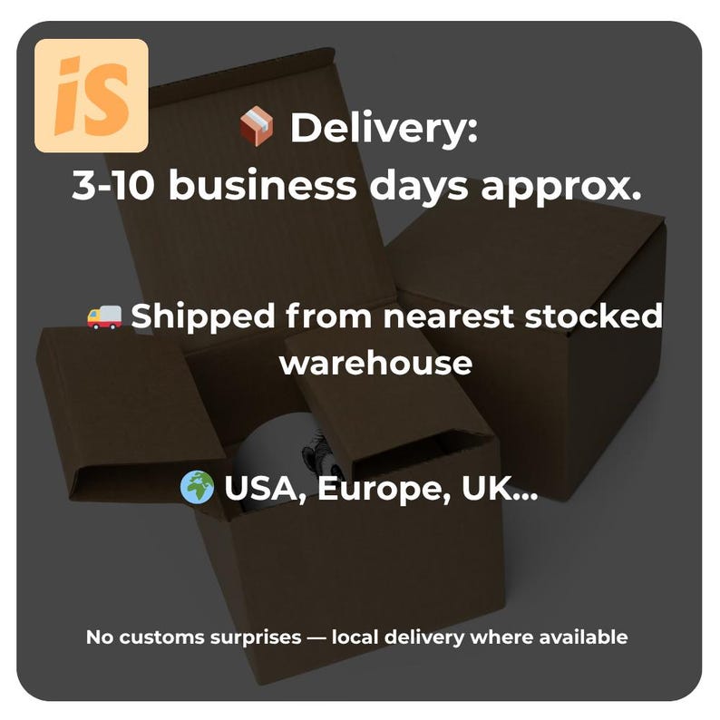 May include: A brown cardboard box with the text "Delivery: 3-10 business days approx." and "Shipped from nearest stocked warehouse". The text "USA, Europe, UK..." is also visible.
