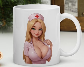 Anime Nurse Mug – White Glossy Coffee Cup with Cute Waifu Design