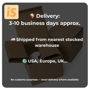 May include: Image of a brown cardboard box with text indicating delivery within 3-10 business days. The text also mentions shipping from the nearest warehouse and delivery to the USA, Europe, and UK. The text also mentions no customs surprises.
