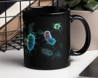 Microscope Bacteria Design Black Mug: Unique Science Gift