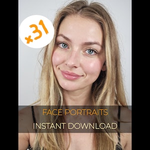 Puede incluir: Retrato de una persona con cabello rubio y ojos azules. La imagen incluye un círculo blanco con el número "31" y el texto "FACE PORTRAITS INSTANT DOWNLOAD" en naranja.
