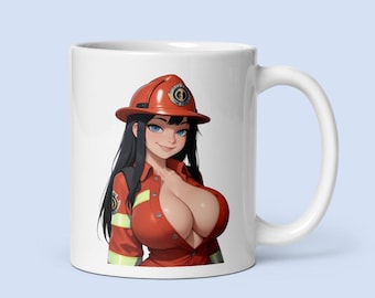 Anime Firefighter Cup – White Glossy Coffee Mug with Cute Waifu Design