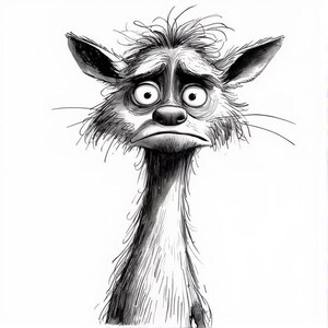 May include: A black and white illustration of a sad, cartoon-like creature with large eyes, a long neck, and a furrowed brow. The creature has messy fur and long whiskers, conveying a sense of worry or distress.