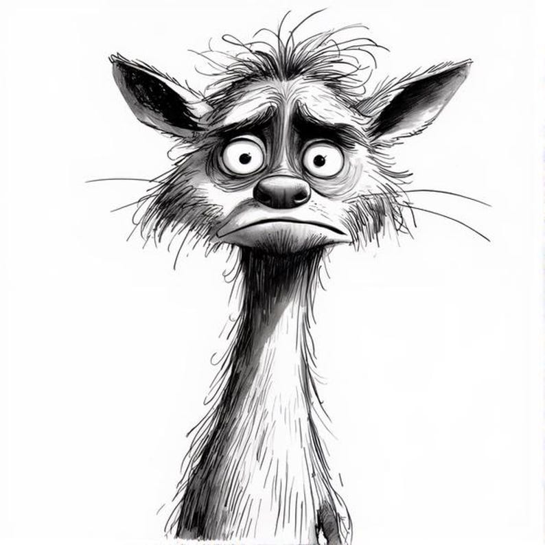 May include: A black and white illustration of a sad, cartoon-like creature with large eyes, a long neck, and a furrowed brow. The creature has messy fur and long whiskers, conveying a sense of worry or distress.