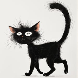 May include: A whimsical illustration of a black cat with a fluffy, disheveled appearance. The cat has large, expressive eyes, pink ears, and a long, curved tail. The artwork is set against a plain white background, emphasizing the cat's playful character.