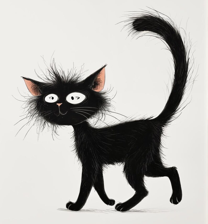 May include: A whimsical illustration of a black cat with a fluffy, disheveled appearance. The cat has large, expressive eyes, pink ears, and a long, curved tail. The artwork is set against a plain white background, emphasizing the cat's playful character.