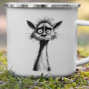 May include: White enamel mug with a silver rim and handle. The mug features a black and white illustration of a sad, cartoonish creature with large eyes and a long neck. The creature has a distressed expression.