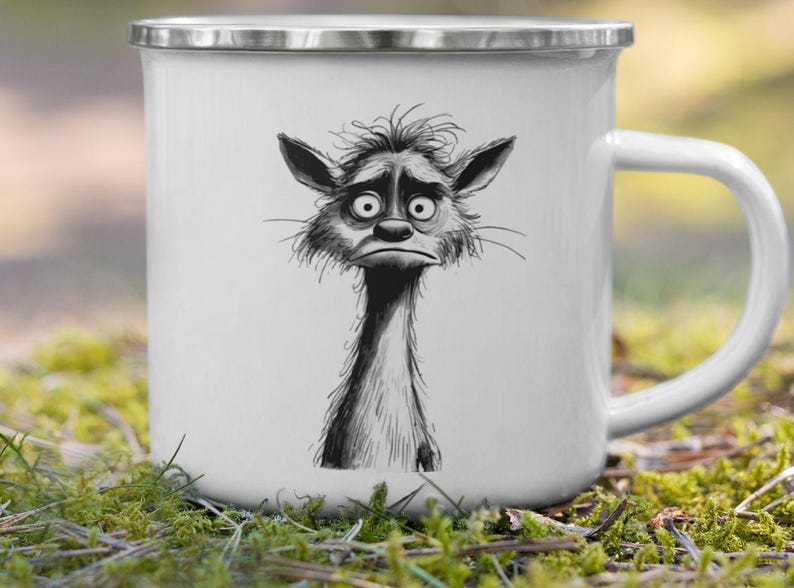 May include: White enamel mug with a silver rim and handle. The mug features a black and white illustration of a sad, cartoonish creature with large eyes and a long neck. The creature has a distressed expression.