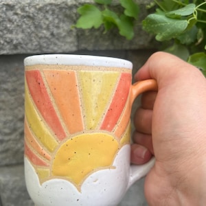 Pottery mug. Ceramic Stoneware. Ceramic Mug. Wheel thrown pottery. Handmade mug. Sunrise sunset. Yellow orange pink. Artisan mug. 14 oz