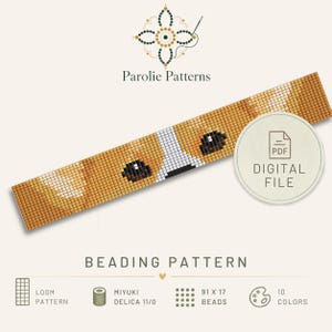 Puede incluir: Un patrón de abalorios digital de Parolie Patterns con un diseño de cara de perro pixelado en tonos marrón, blanco y negro. El gráfico rectangular incluye un icono de archivo PDF, especificaciones de telar, cuentas Miyuki Delica 11/0, un conteo de 91 por 17 cuentas y una paleta de 10 colores.