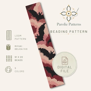 May include: A digital beading pattern by Parolie Patterns featuring a rectangular grid design with a camouflage-style motif in shades of black, dark red, and light pink. The file includes specifications for a loom pattern, Miyuki Delica 11/0 beads, a 91 by 20 bead count, and 9 colors.