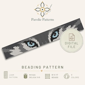 May include: A digital beading pattern by Parolie Patterns featuring a greyscale wolf eye design with bright blue irises. The rectangular loom pattern includes specifications for 91 by 17 beads, Miyuki Delica 11/0 beads, and a nine-colour palette.