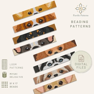 May include: Eight rectangular beaded loom patterns featuring various dog faces. Text includes Parolie Patterns, Beading Patterns, Loom Patterns, Miyuki Delica 11/0, 91 x 17 beads, and PDF Digital Files. The designs use pixelated grids to depict different canine breeds.