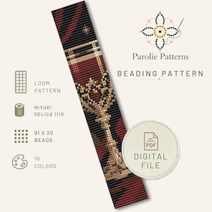 May include: A digital beading pattern by Parolie Patterns featuring a vertical loom design with a dark red, black, and gold geometric motif. The graphic includes icons for Miyuki Delica 11/0 beads, a 91 by 20 bead count, 10 colors, and a PDF digital file label.