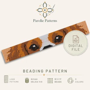 Könnte beinhalten: Ein digitales Perlenmuster von Parolie Patterns mit einem verpixelten Hundegesicht in Braun-, Weiß- und Schwarztönen. Das rechteckige Muster enthält ein PDF-Dateisymbol, Angaben zum Webrahmen, Miyuki Delica 11/0 Perlenanforderungen, eine Zählung von 91 mal 17 Perlen und eine Palette mit 9 Farben.
