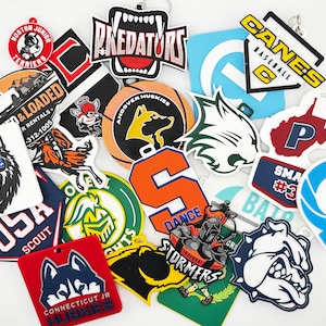 May include: A collection of various keychains with team logos and mascots. The keychains feature a variety of colors and designs, including a wolf wearing sunglasses, a bulldog, and the text "PREDATORS".