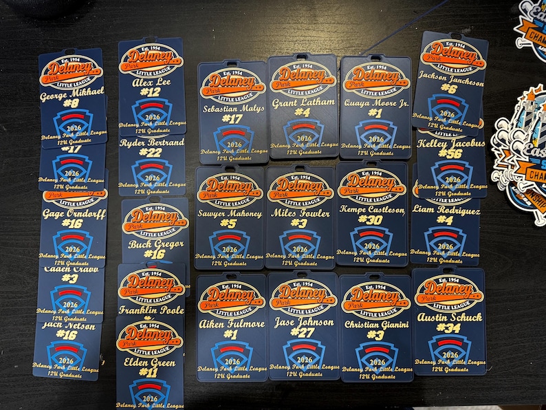May include: A collection of navy blue Little League name tags with the Delaney Park logo in orange and white. Each tag features a player's name, number, and the year 2026. The tags are rectangular with rounded corners.