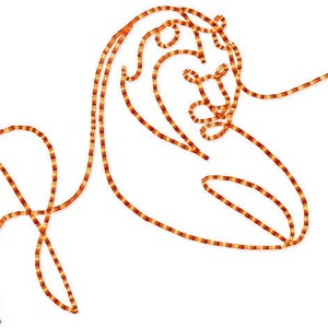 May include: A line drawing of a horse created with a continuous line of orange and yellow string lights.