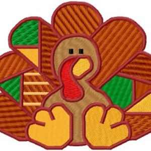 May include: Embroidered turkey design with a brown body, red wattle, and yellow feet. The turkey's tail feathers feature a patchwork of brown, green, and orange sections. Outlined in brown, this design is suitable for apparel or home decor projects.