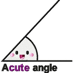 May include: A black line drawing of an acute angle with a white circle at the vertex. The circle has a pink face with two black eyes and a pink mouth. The text "Acute angle" is written below the angle in black and purple.