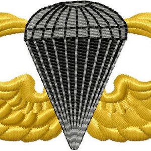 May include: A gold embroidered paratrooper badge with a black and silver parachute.