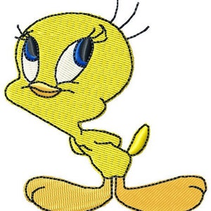 May include: A yellow cartoon bird with large blue eyes and black eyelashes. The bird is standing with its arms crossed and its feet together.