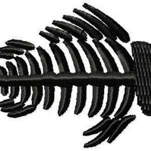 May include: Black and white embroidered fish skeleton design. The fish skeleton is detailed with a white outline and a black fill.