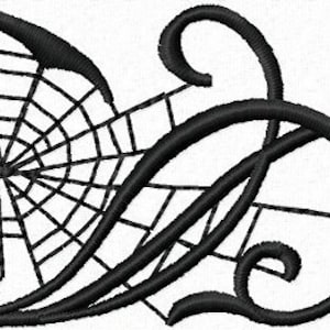 May include: Black and white illustration of a spider web with a decorative flourish design. The web is in the center of the image and the flourish design is around the web.