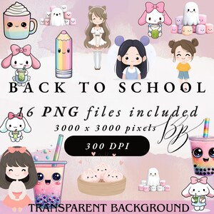 May include: A digital art graphic with a pink background featuring cute cartoon characters, bubble tea, and the text "BACK TO SCHOOL". Includes the text "16 PNG files included", "3000 x 3000 pixels", "300 DPI", and "TRANSPARENT BACKGROUND".